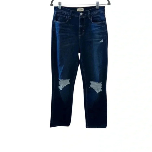 L'Agence Shane Distressed Mid Rise Slouchy Straight Jeans Dark Wash Size 28 - Picture 2 of 8